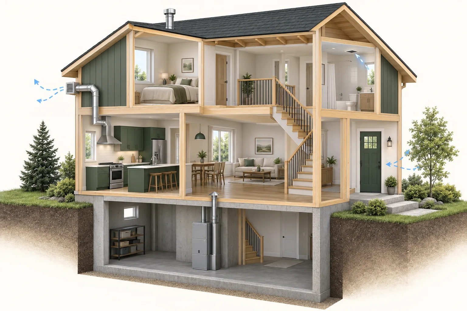 Conceptual two-storey house cutaway with a dedicated kitchen duct, closed exterior door, upstairs bathroom and closed utility cabinet.