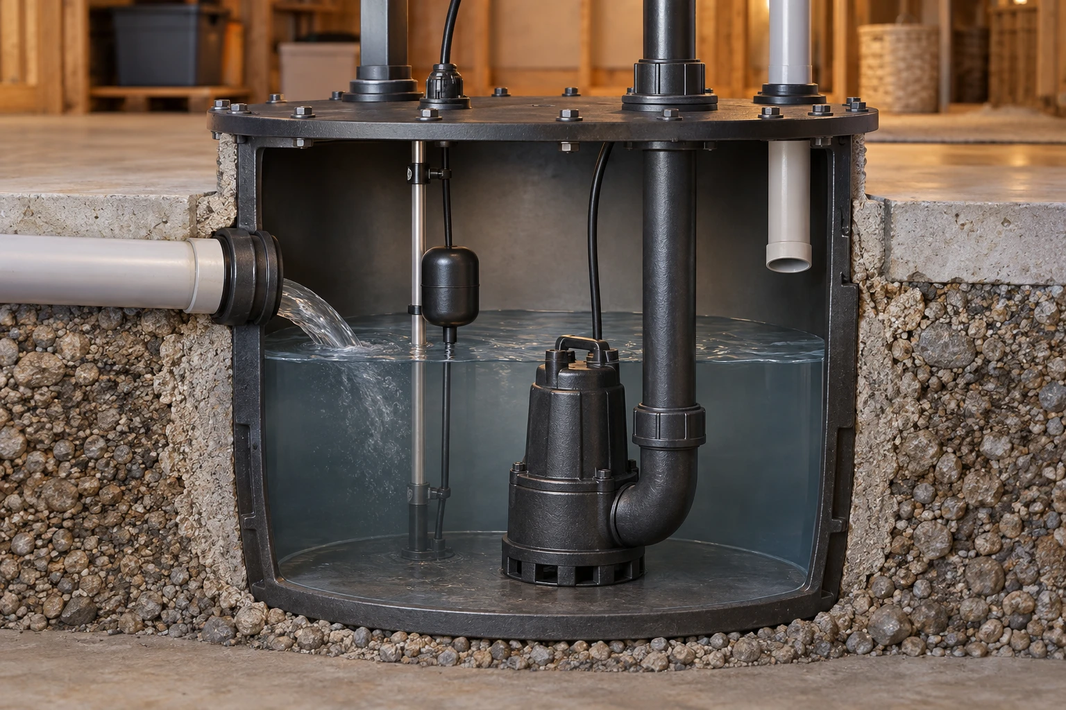 Closer cutaway of a sewage basin with incoming pipe, pump, guided float, white upper vent and black rising discharge.