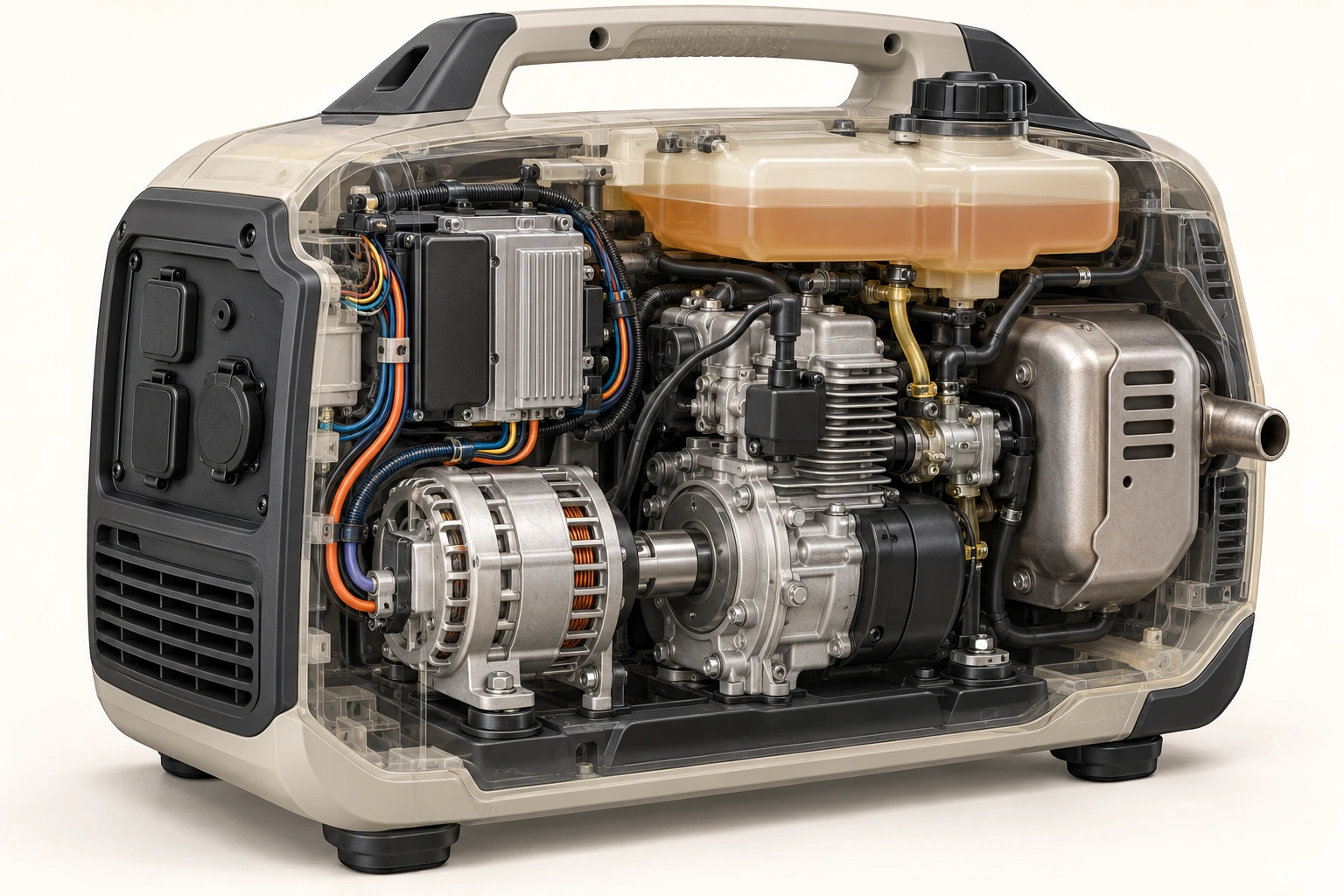 A conceptual portable generator cutaway shows tank, engine, shaft, alternator, electrical module and exhaust parts.