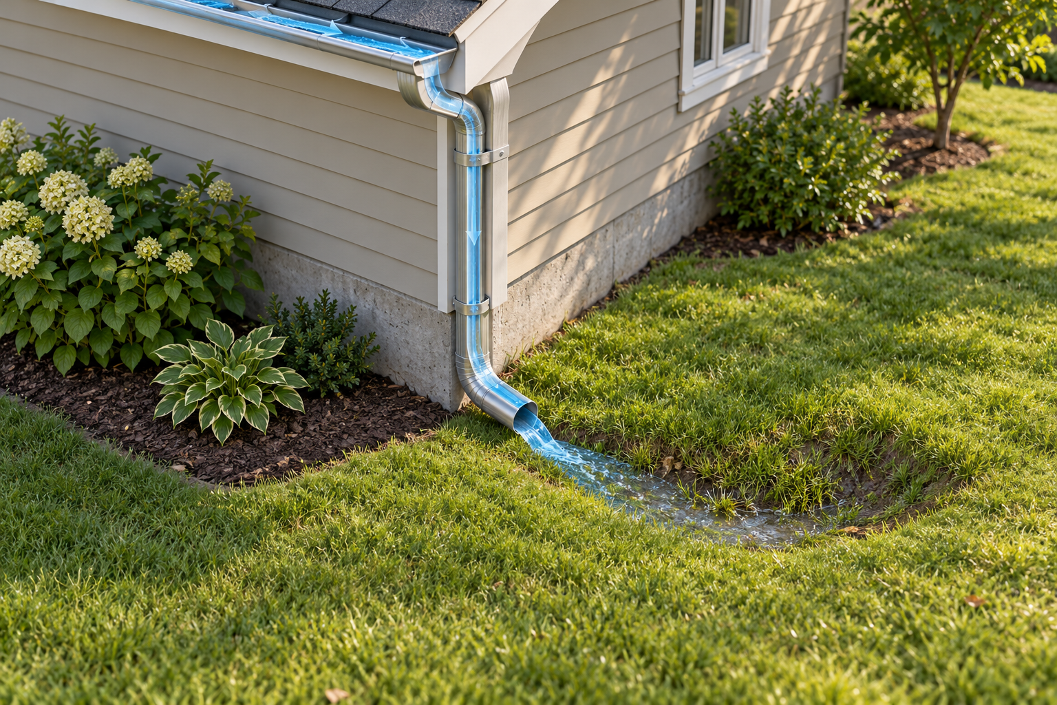 Conceptual roof-water route from a gutter through a transparent downspout and short lower elbow into a shallow grass depression beside a house.