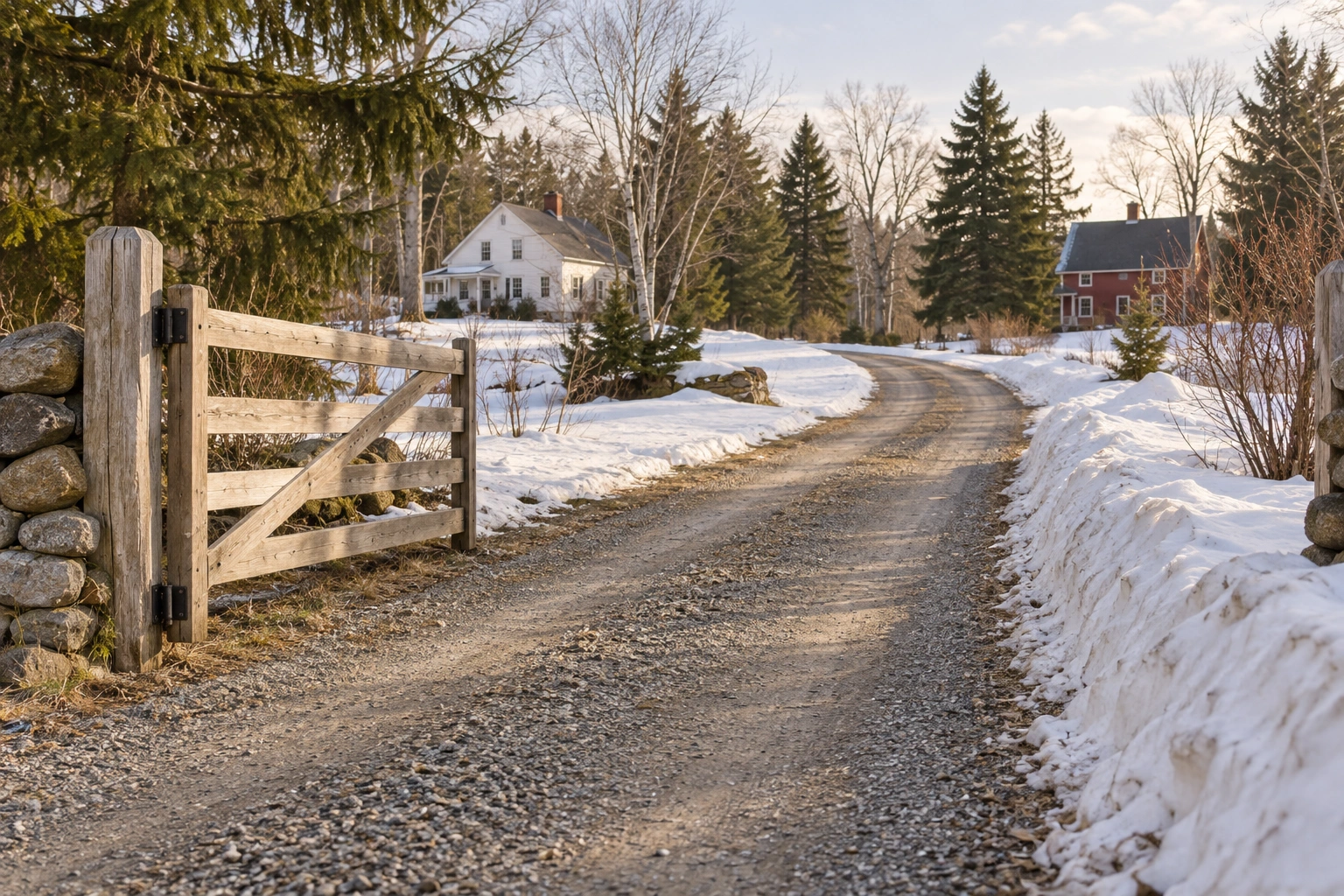 Winter gravel lane beside open wooden gate, snowbanks and homes; no service-level or legal-access proof.