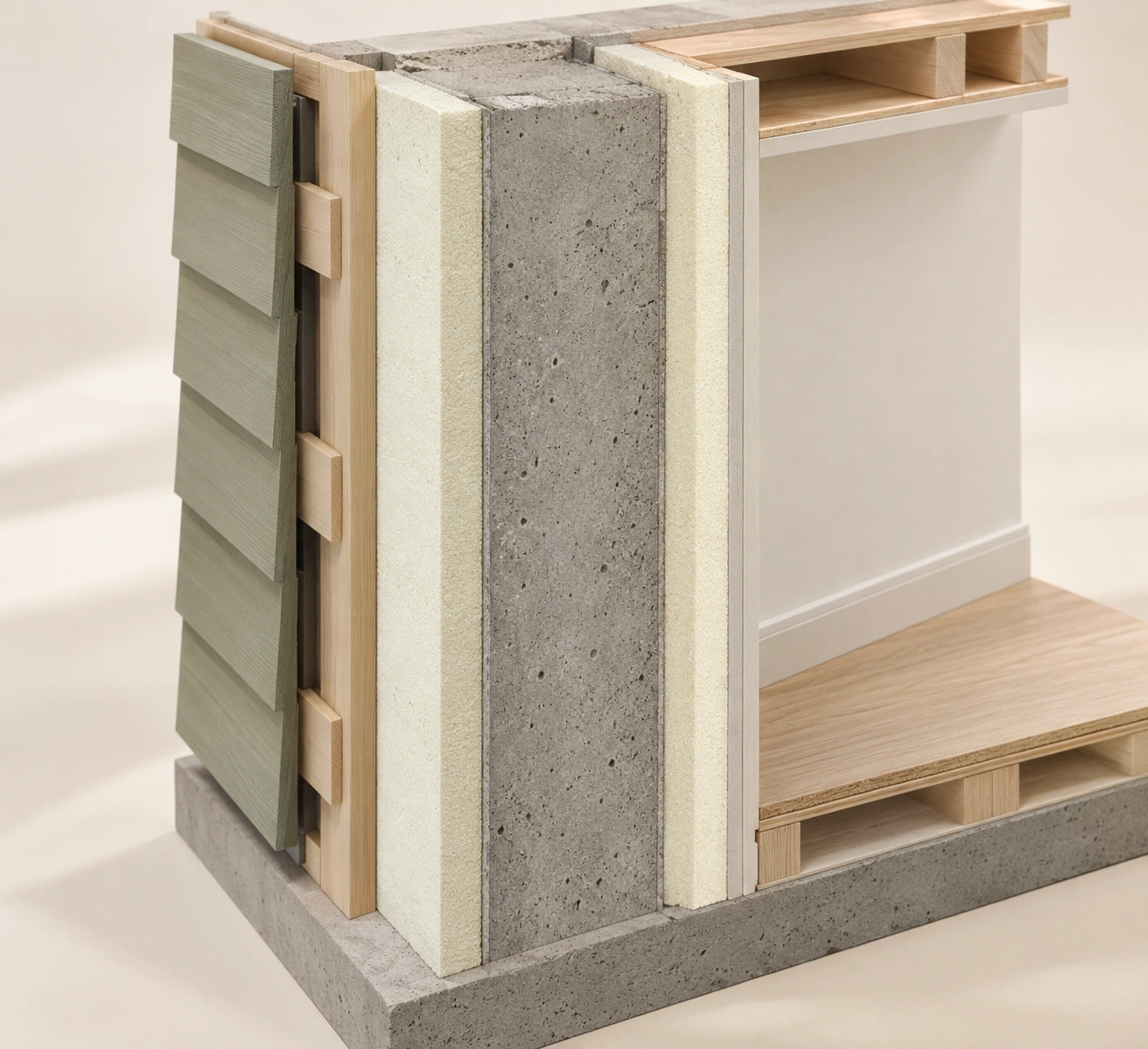 Close cutaway shows gray core between two pale foam-like faces, exterior cladding/timber edge and interior finish; reinforcement and ties concealed.