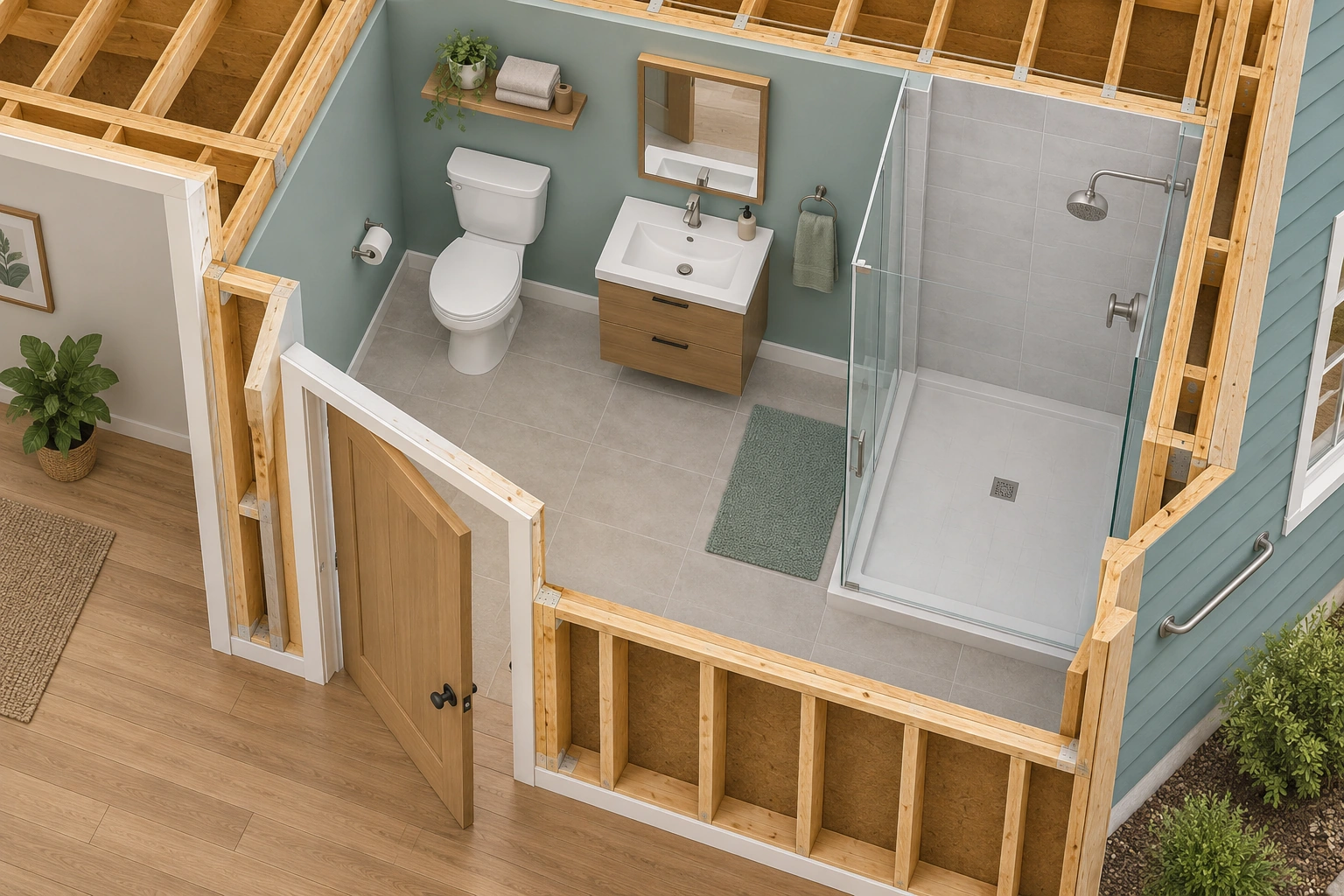 The overhead cutaway locates the doorway, toilet, washbasin and shower, with their room relationships visible.