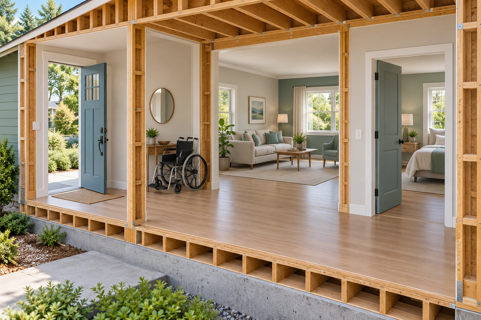 The house cutaway connects an open entrance, living area and bedroom doorway; an unoccupied wheelchair is parked near the hall.