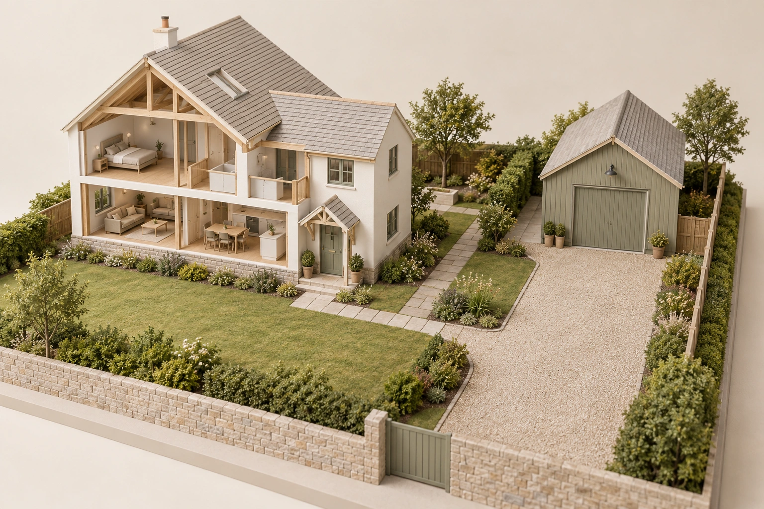 House and clearly detached closed workshop share garden path and driveway setting; no utility route, legal boundary or approved use shown.