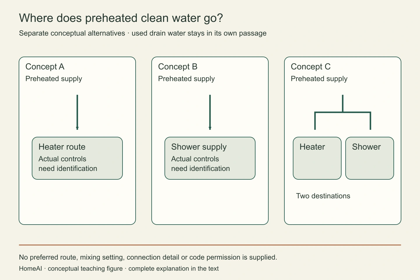 Three separately framed concepts show preheated supply continuing toward the heater, shower supply or both. They are alternatives for professional explanation, not one installation or a valve-changing exercise.