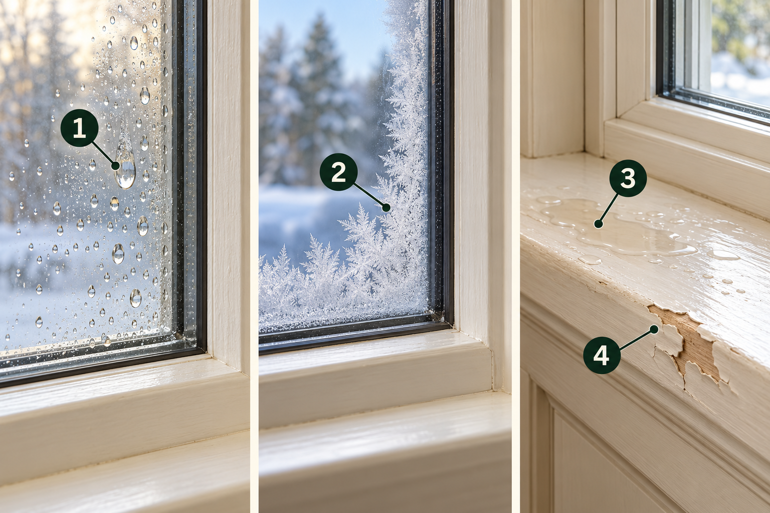 Three separate window-area close-ups show liquid drops on glass, a white crystalline pattern at a glass edge, and water on a painted sill with peeling paint. Four numbered leaders identify the drops, frost pattern, wet sill and lifted finish.