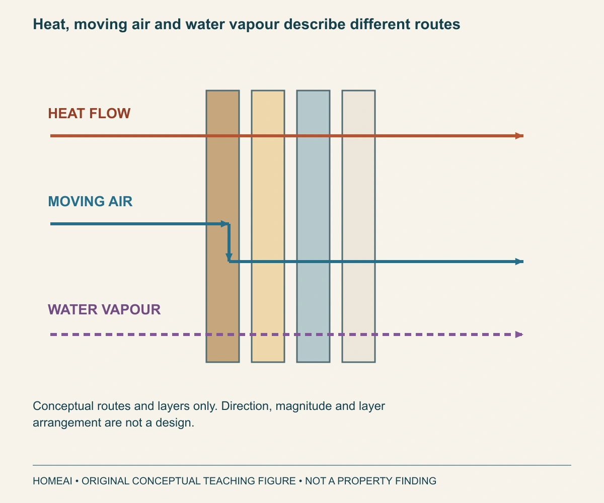 Heat, moving air and water vapour describe different routes. Three labelled conceptual arrows cross or travel around a symbolic layer stack. They distinguish heat flow, air leakage and vapour movement without assigning the actual layer order or direction for a house.